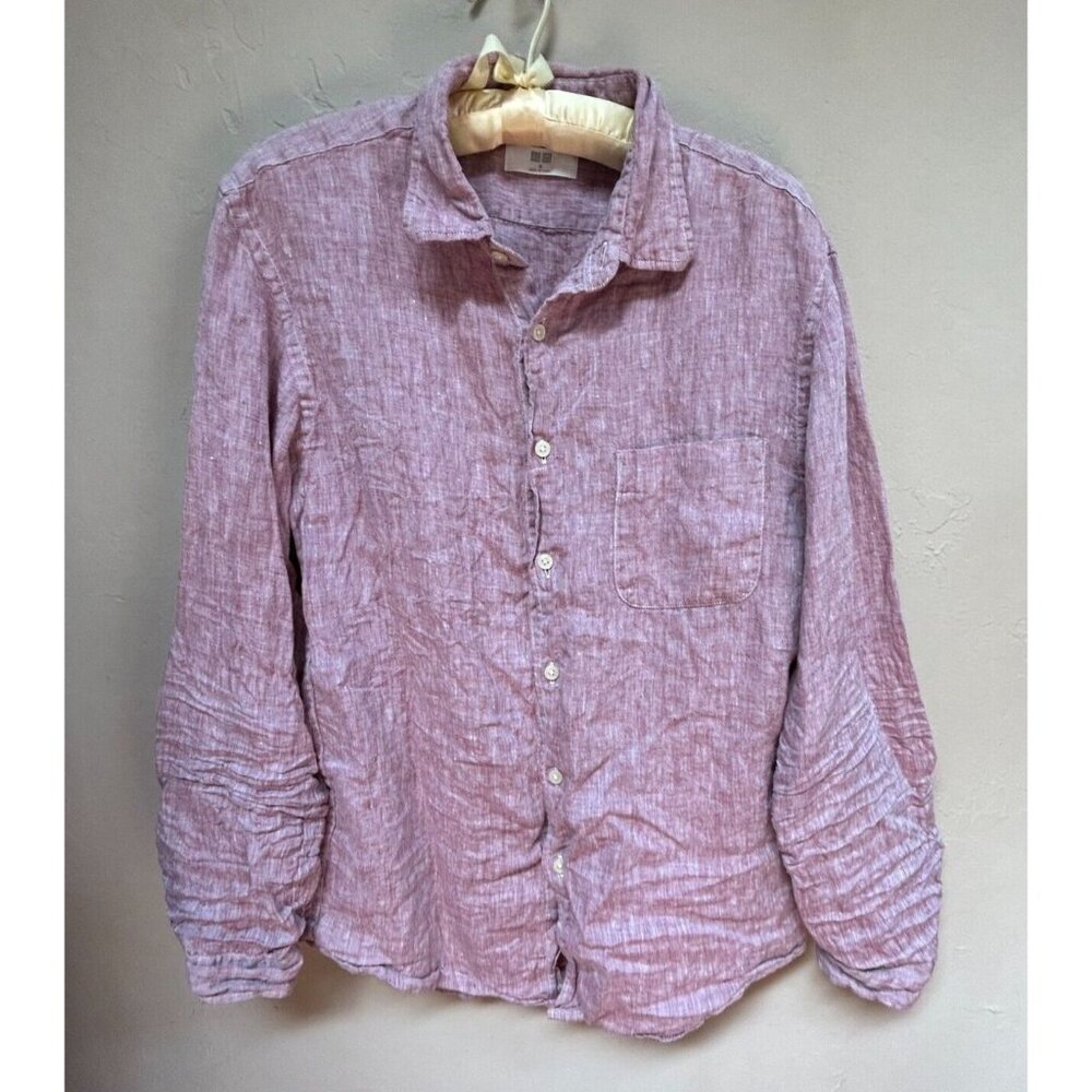 Uniqlo Mens Shirt Top Button Up Long Sleeve  Pocket Lightweight Red White Medium